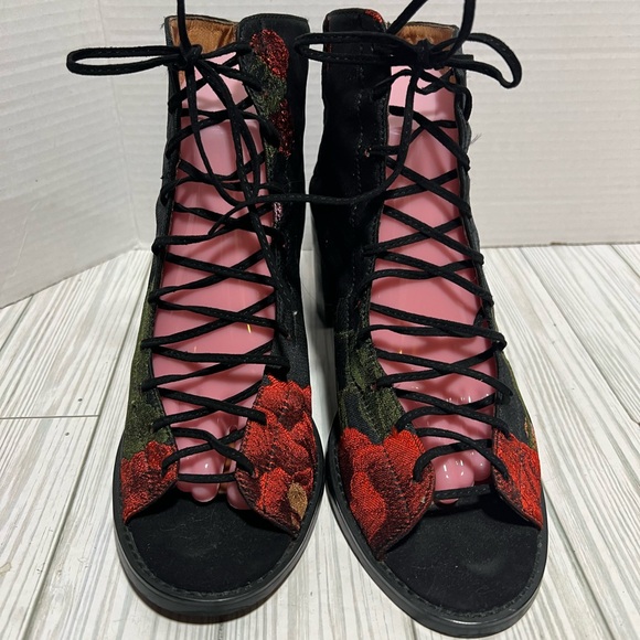 Jeffery Campbell black/red open toe tie up boots size 10 floral heels - Picture 5 of 9